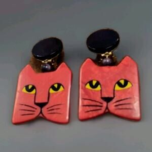 Cat Earrings Clip-On 2.5X1.5" Unsigned Marie-Clair Pavone Some Crazing Vintage